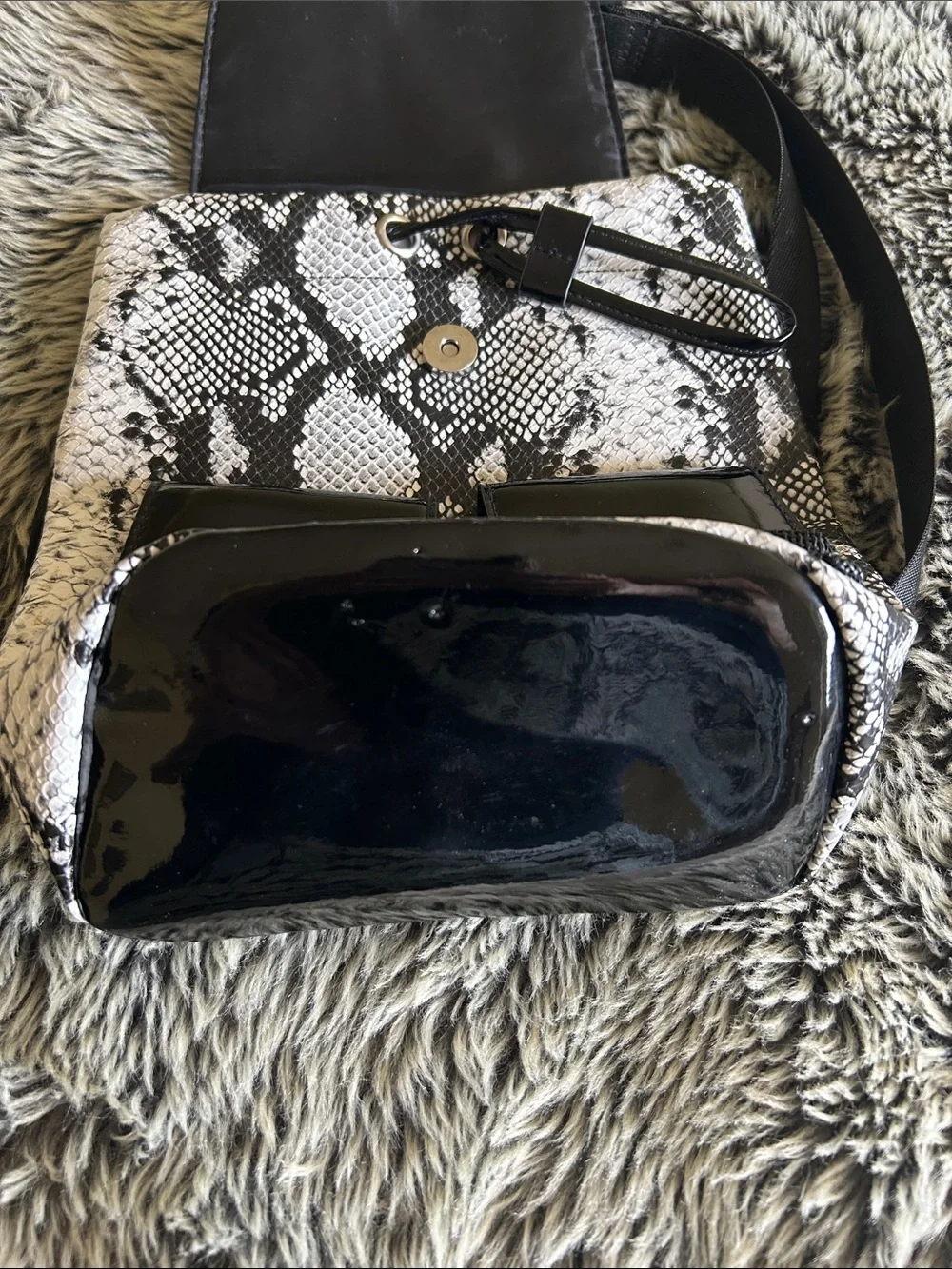Small faux, snake skin and patent leather backpack